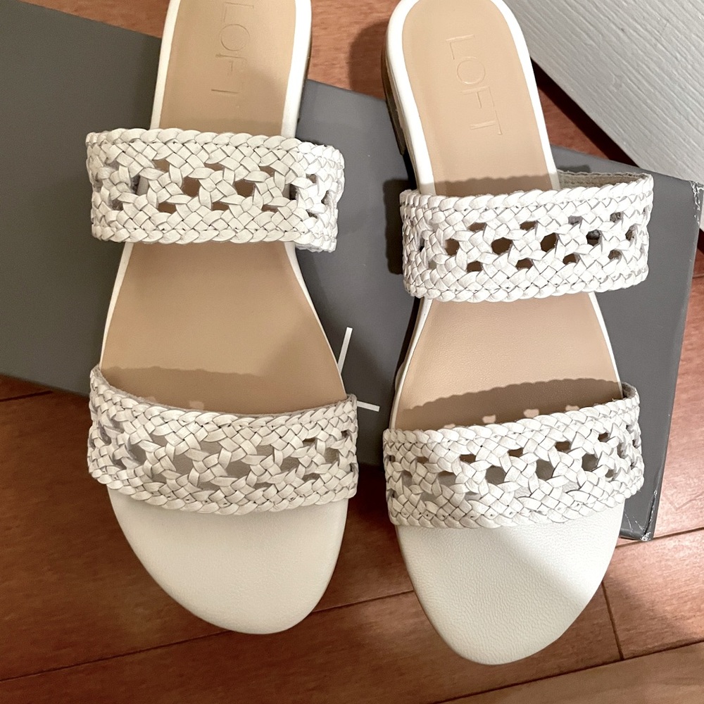 NEW ! Ann Loft Braided Leather Woven White Slide Sandals Size 7.5 with Box